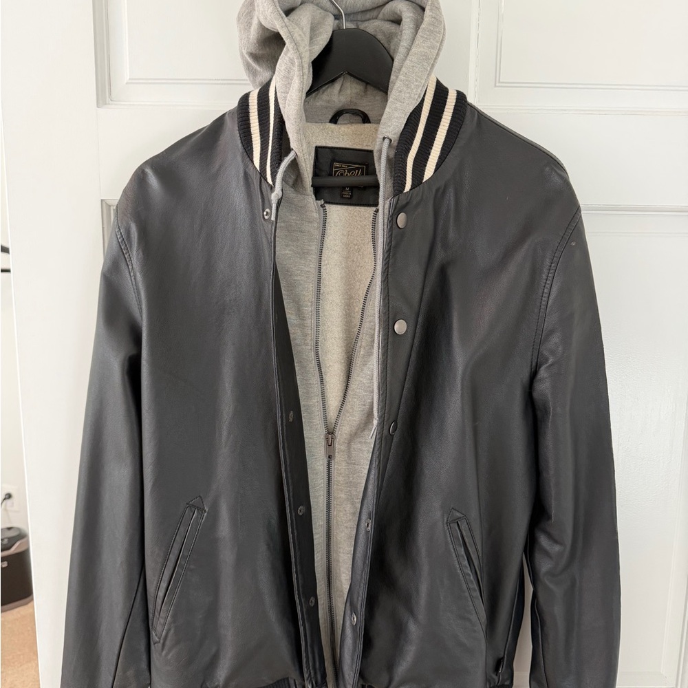 Obey Black Leather Bomber Jacket with Gray Hoodie - Size Medium